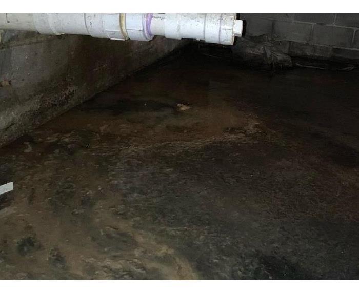 A puddle of raw sewage dripping from a pipe in a basement onto the concrete floor.