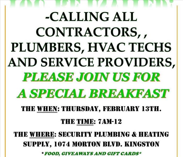 A flier inviting all contractors to a special breakfast on Feb. 13th