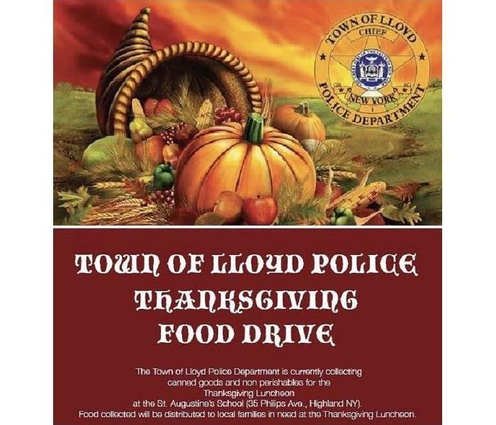An image of a cornucopia with information regarding a Thanksgiving food drive